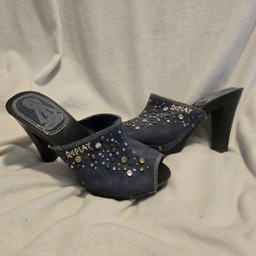Replay Denim Heels Clogs Studs Y2K Size 39